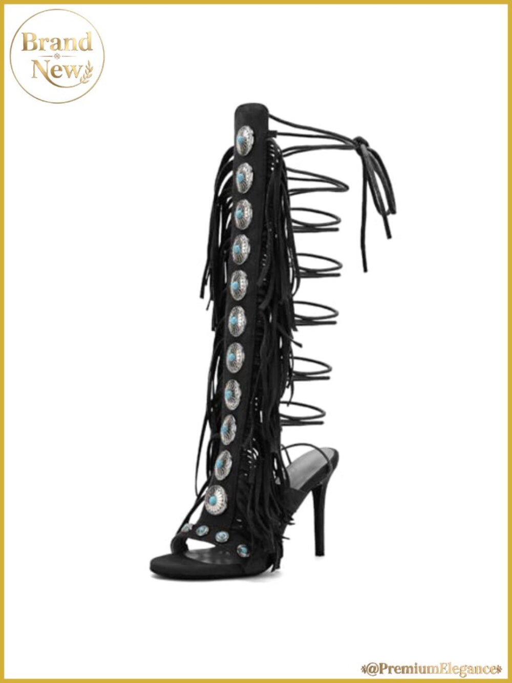 Gladiator Heels Knee High Open Toe Stiletto Fringe Boots Women's Strappy Lace